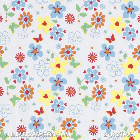 Children's Fabric - Flower Butterfly White