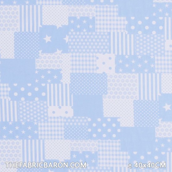 Children's Fabric - Patchwork Fabric Light Blue White