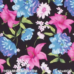 Cotton Satin Fabric - Fuchsia Aqua Flower