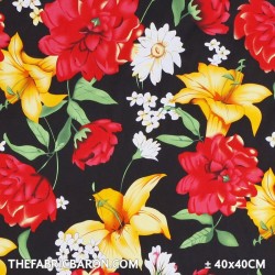 Cotton Satin Fabric - Black Red Flower