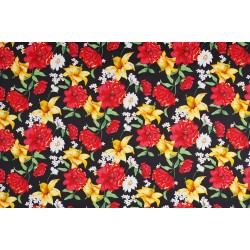 Cotton Satin Fabric - Black Red Flower