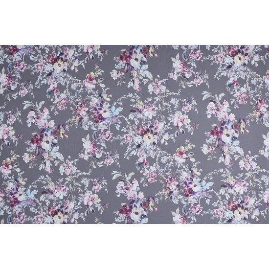 Cotton Satin Fabric - Vague Flowers Dark Grey