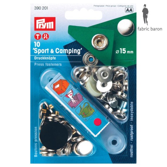 Boutons press. Sport & Camping laiton 15 mm argent + outil (390 201)